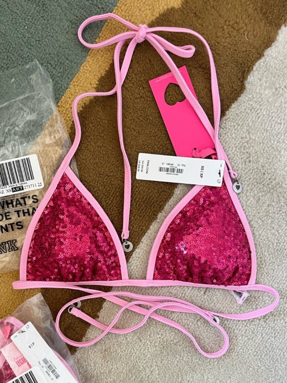 PINK Victoria's Secret Elle Legally Blonde Hot Pink Sequin Triangle Bikini Top